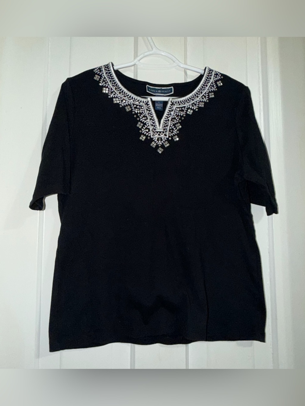 Women's size large shirt Karen Scott Black Embellished Neck Short Sleeve Top